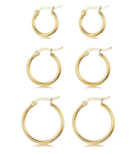 Sllaiss 3 Pairs Sterling Silver Round Hoop Earring for Women Girls Lightweight Click-Top Hoop Earring Hypoallergenic 10-20MM (B:18K Gold Plated)