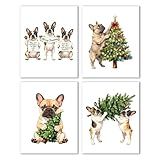 MKIJUHB Christmas Tree French Bulldog Wall Art Decor, Decor, French Bulldog Lovers Gifts, Funny Christmas Frenchie Poster Prints Wall Decor for Bedroom Room Home, 8x10 Unframed Set of 4