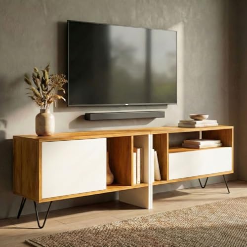 Image of FFO TV Unit 180 cm 6ft | TV Unit 75 Inch+ for Living Room | TV Cabinet with Storage | TV Console Unit for 43, 55, 65, 75 Inch TVs | (DIY) Coach Wood & White.