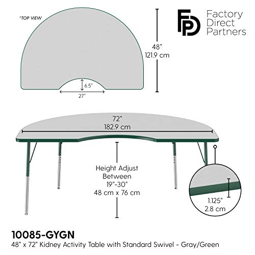 Image of FDP Kidney Activity School and Office Table (48 x 72 inch), Standard Legs with Swivel Glides for Collaborative Seating Environments, Adjustable Height 19-30 inches - Gray Top and Green Edge
