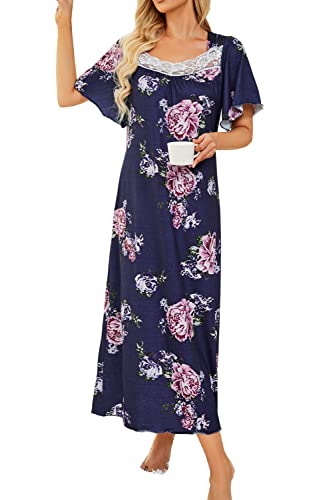 Maintain Vigour Womens vintage nightgown with lace neckline Long nightgown soft sleepwear plus size Navy Blue