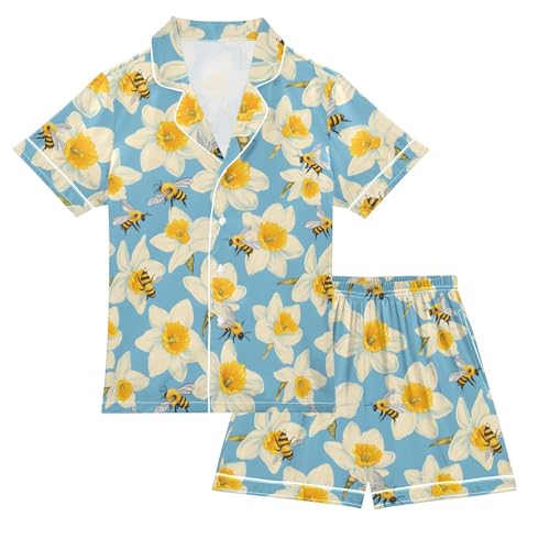 Daffodils Flower Bee Elegant Summer Pajamas Set Soft Satin Pjs Sets 2 Piece Short Sleeve Sleepwear Casual Clothes