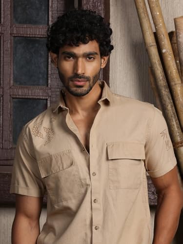 Image of Thomas Scott Men's | Embroidered Printed | Half Sleeve | Regular Fit | 100% Cotton | Double Pocket | Spread Collar | Casual Shirt