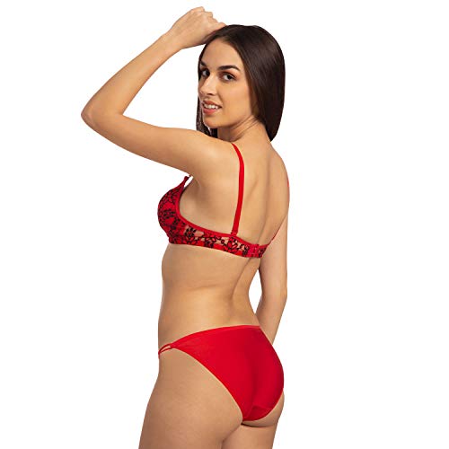 Image of Komli - Bridal Heavily Padded Push-Up Bra and Panty Set - Cotton Rich - Balconette - Seamless, Wireless, 3 /4th Coverage - Embroidered Multicolor Lace on Cups with Halter Straps