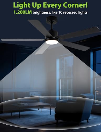 Vaczon Black Ceiling Fans with Lights, 52 Inch Modern Ceiling Fan with Remote Outdoor Ceiling Fan for Bedroom, Living Room,High CFM Ceiling Fans with 3CCT LED Lights Kit, Quiet DC Motor, Timer — view 3