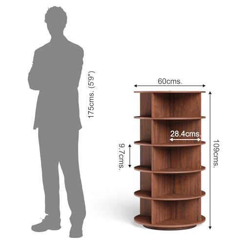 Image of 360 Rotating Multipurpose Storage Cabinet - Laminated Engineered Wood Organizer Rack | Space-Saving Rotating Shelf for Bedroom, Living Room, Dressing Area & Bathroom (Teak Brown, 5-Tier)