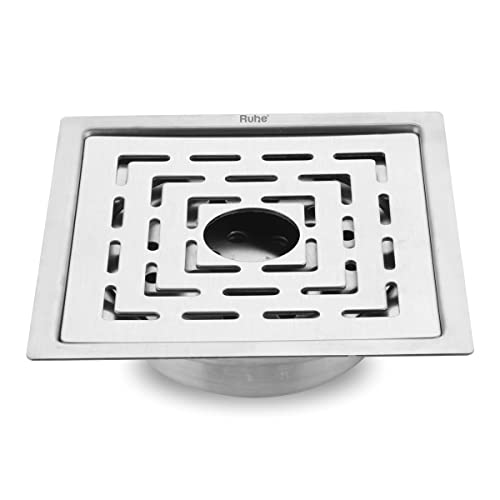 Image of Ruhe Sapphire Square Flat Cut Floor Drain | 304-Grade Stainless Steel Floor Drainer with Hole & Cockroach Trap (6 x 6 Inches) | Floor Drainer for Bathroom, Balcony