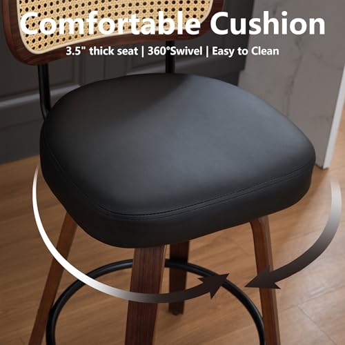 Image of Set of 3 Mid-Century Modern Swivel Bar Stools, 26 inch Kitchen Island Stools with Rattan Back & Bentwood Walnut Legs, Black Faux Leather Counter Stools