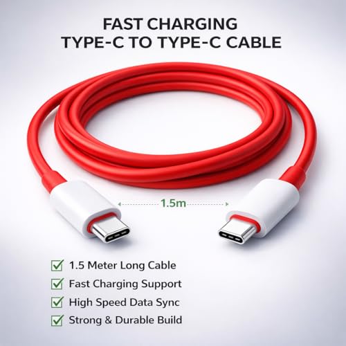 Image of OnePlus Original USB C to C Cable 5FT Fast Charging & Data Sync - Warp /Dash Charge Compatible with OnePlus Nord CE|2|3|CE2|CE3|6|6T|7|7 Pro|7T|8|8 Pro|8T|9|9 Pro|9R|9RT|10R|10 Pro|11|11R|12 Series