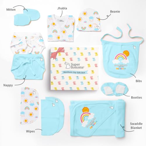 Image of SuperBottoms Baby Gift Set for New Born - Skin-Friendly Newborn Essentials - Ideal Gifts for NewBorn Baby - Unisex Clothing - 0-3 Months - 11 Pieces Baby Gift Hamper (Blue)