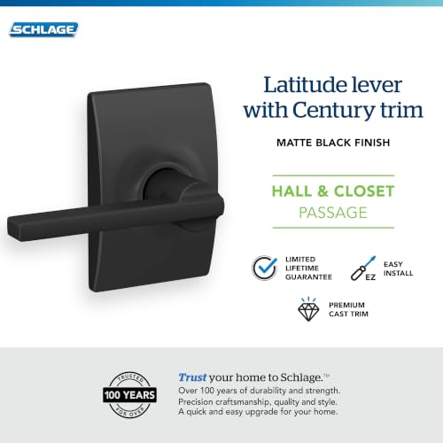 Image of SCHLAGE Latitude Hall /Closet Passage Door Handle, Reversible, Matte Black | Hall or closet lever door handle with no lock, Easy to install, Certified durability, Universal fit