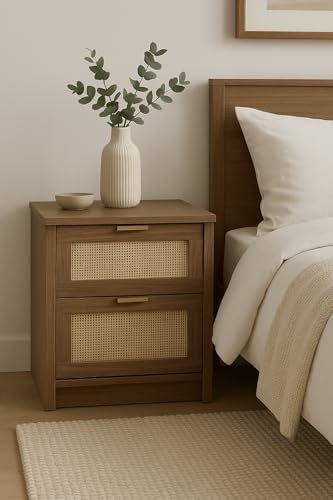 Home Treats Rattan Storage Chest of Drawers Wooden Organiser for Bedroom Living Room Office Furniture Bedside Table