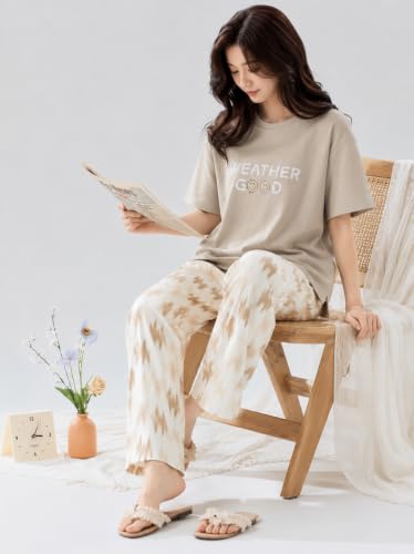 Image of Celary Women's Cotton Blend Printed Night Suit Set||Soft & Breathable Short Sleeve Top & Ethnic Print Pyjama Set||Also Available in Plus Size||Korean Night Suit||Comfortable Home Wear & Sleepwear