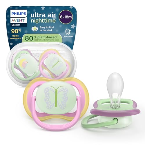Philips Avent chupetes ultra air para la noche: diseño anatómico, para bebés de 6 a 18 meses, brillo en la oscuridad, tetina simétrica de silicona suave, sin BPA, paquete de 2, SCF376/29 Philips Avent chupetes ultra air para la noche: diseño anatómico, para bebés de 6 a 18 meses, brillo en la oscuridad, tetina simétrica de silicona suave, sin BPA, paquete de 2, SCF376/29