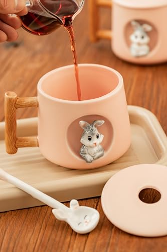 Image of DIHOclub Adorable 3D Ceramic Rabbit Mug with Lid and Spoon Perfect for Coffee, Tea, Milk, and More - Ideal Gift for Bunny Lovers - 14 Ounces (Pink)
