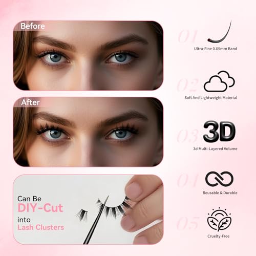 uCoolMe Lashes Lash Clusters Fairy False Eyelashes 6 Pairs Can Be DIY-Cut into Lash Clusters C Curl - WideSpan Natural Look Spiky Lashes Ultra-Thin Black Band(Hana,Like Fairy) - Image 6
