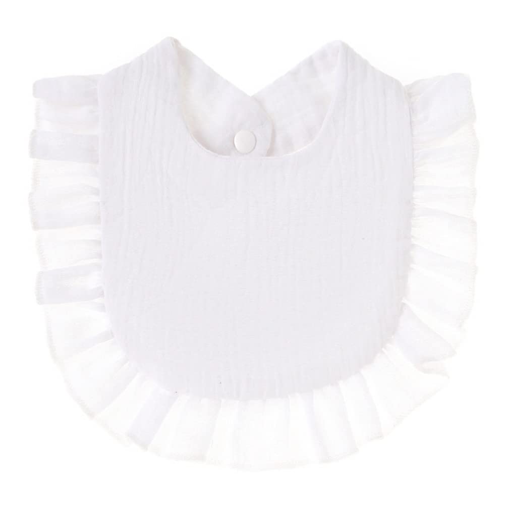 Surakey 1 Pack Baby Bibs 4-Layer Soft Absorbent Lace Feeding Bibs for Teething Drooling Baptism Washable Outfits for Unisex (White)