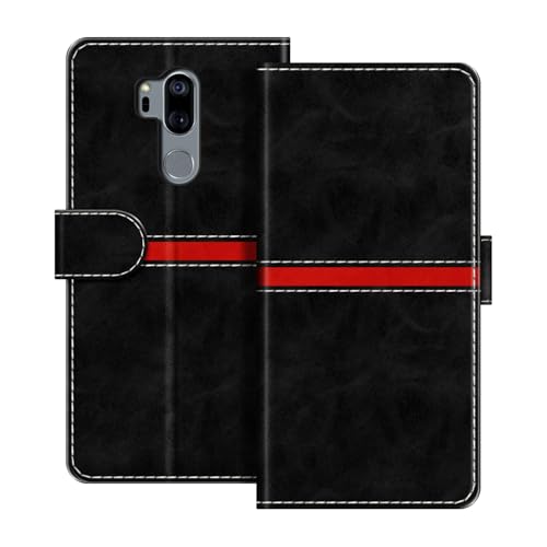 ESACMOT Funda Cartera de Cuero Compatible con LG G7 One Diseño de Rayas Horizontales Flip Cover Protectora con Ranura para Tarjeta Cierre Magnético (Negro)