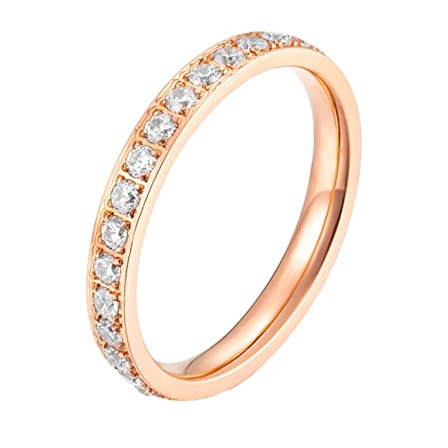KnBoB Womens Titanium Wedding Band, Rose Gold Stackable Cubic Zirconia Eternity Stainless Steel 3MM Women Engagement Ring Band Size N 1/2