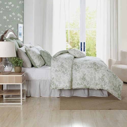 Image of Laura Ashley - Twin Comforter Set, Cotton Floral Bedding with Matching Sham & Bonus Decorative Pillow Covers, Oeko-Tex Certified, Dorm Essentials (Toile Delight Green)