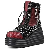 Lyrisiphy Women's Gothic Ankle Boots Black Platform Combat Boots with Punk Chains & Studs Lace Up Wedge Boots for Womens Rave Festivals Halloween