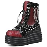 Lyrisiphy Women's Gothic Ankle Boots Red Platform Combat Boots with Punk Chains & Studs Lace Up Wedge Boots for Womens Rave Festivals Halloween