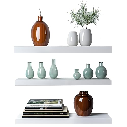 TOREOKO Étagère Murale Blanche Lot de 3, Étagères Murales Flottantes 41cm en Acier Inoxydable, Tablette Murale Design Invisible pour Cuisine Salon Chambre...