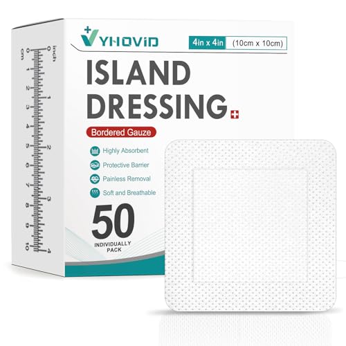50 Count Island Dressing Bordered Gauze 4 x 4 Gauze Pads Individually Wrapped Non-Stick Pad in Center with Adhesive Border Bandages for Wounds First Aid