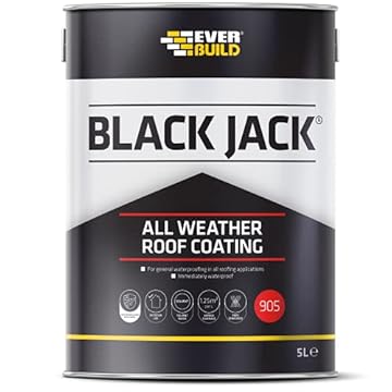 Everbuild Black Jack 905 – All Weather Roof Coating – Solvent-Based – Fibre-Reinforced – Fast Drying – Weatherproof – Black – 5 Litre