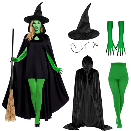 LXWINNER Disfraces de Bruja para Mujer, Capa de Bruja con Capucha, Sombrero de Brujas, Medias de Red, Gafas, Guantes verdes con garras, Disfraz de Brujas Mujer Halloween Carnaval y Disfraces Fiesta