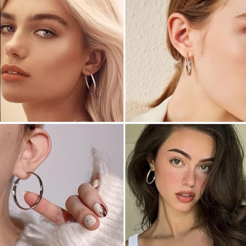 Image of 4 Pairs Silver Gold Hoop Earrings for Women | 14K Gold Plated Hoop Earrings Set Hypoallergenic Earring Lightweight Dangle Earrings Set