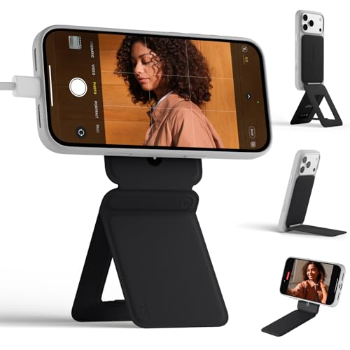 MOFT Phone Stand, Magnetic Phone Tripod Stand Stain-Resistant MOVAS Leather & Angle Adjustment & Strong Magnets Tripod for iPhone 17/16/15/14/13/12 (Included Metal Ring)-Jet Black