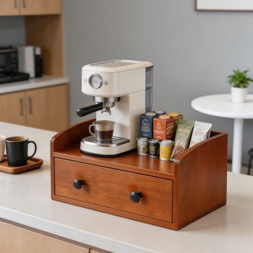 Wooden Coffee Bar Organizer with Drawer, Coffee Pod Holder & Tea Bag Storage Station, Rustic Countertop Coffee Machine Stand for K Cups, Sugar Packets, Office & Kitchen Organization image 5