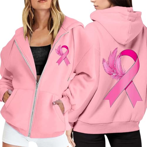 Pull manches longues à capuche femme pour marche Octobre Rose