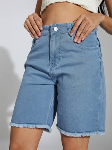 Image of Miss Chase Women's Relaxed Fit Mid Rise Highly Distressed Regular-Length Denim Shorts