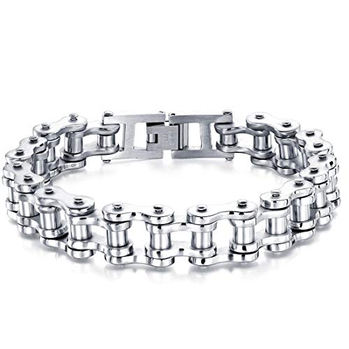ATEIELLI Pulsera de Hombre Brazalete de Acero Inoxidable Cadena Bici Plateado Dorado JWB301 (Plata, 20) Cover