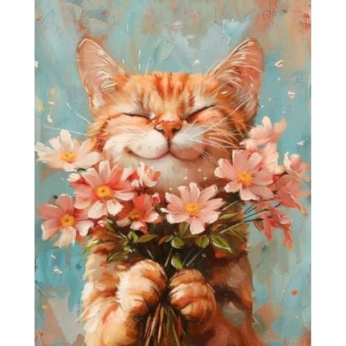 Image of DIY Cat and Flower Paint by Numbers Kits for Adults, Painting by Numbers for Adult & Beginner on Canvas, Animal Oil Painting Kits Perfect for Home Decoration 16x20 Inch