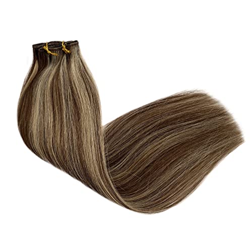 Image of Human Hair Extensions Silky Straight 18 Inch 70g 5pcs Double Weft Clip in Extensions Medium Brown to Beige Blonde Seamless Clip ins Thick Ends Remy Hair for Women