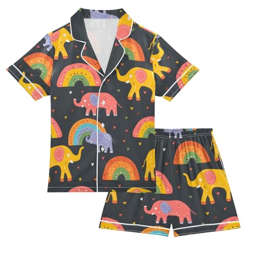 ALAZA Elephant Love Heart Rainbow Pajamas Satin Pajama Set Short Sleeve Button Down Sleepwear