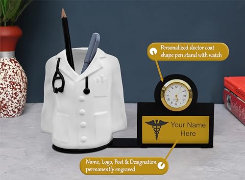 Image of Savri Personalized Doctor Apron /Coat Pen stand with Watch & Name Plate with Name Engraved. Best for Doctors,Medical Aspirants.Gift choice for birthday, graduation ceremony, Thanksgiving. Size -5x8inch