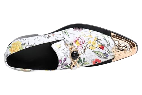 Santimon Mens Loafers Pointed Toe Leather Fashion Buckle Rhinestone Metal Tip Western Dress Shoes2