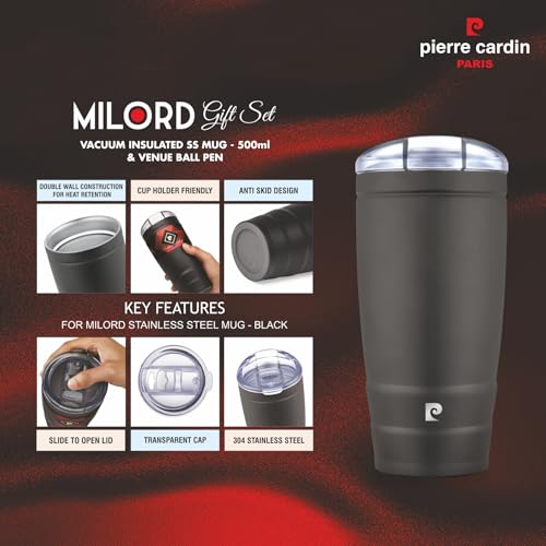 Image of Pierre Cardin Milord Premium Gift Set - Matt Black Vacuum Insulated 500ml Mug & Elegant Venue Ball Pen | Luxury Corporate Gifting Combo