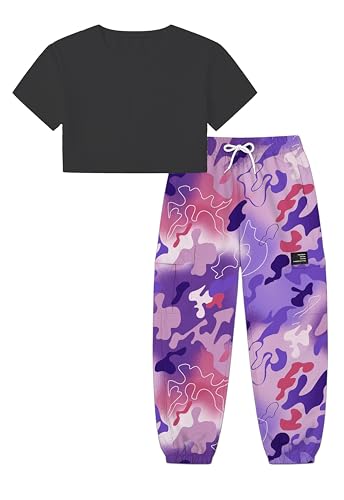 Image of Betusline Girls 2 Piece Set, Black Cute Short Sleeve Crop Tops + Purple Pink Camo Cargo Jogger Pants Clothes, 13-14Y = Tag 170