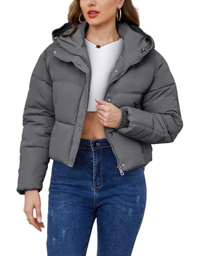 Gihuo Women's Cropped Puffer Jacket Zip Up Hooded Quilted Jackets Winter Short Padded Coat Outerwear