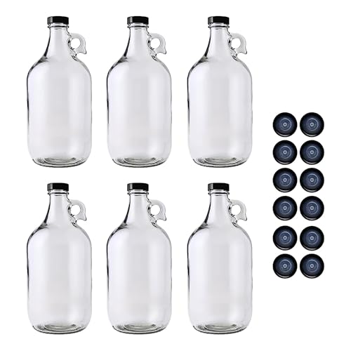 Fastrack 6-Pack Half-Gallon Glass Jug Set (64 oz) w/12 Polyseal Caps & Black Jar Gripper Pad – Multipurpose Half Gallon Jug, & Detergent Dispenser for Laundry, Glass Jar for Liquids, Water & Juice