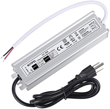 LED Driver 60 Watts Waterproof IP67 Power Supply Transformer Adapter 100V-265V AC to 12V DC Low Voltage Output with 3-Prong Plug 3.3 Feet Cable for LED Light, Computer Project, Outdoor Light