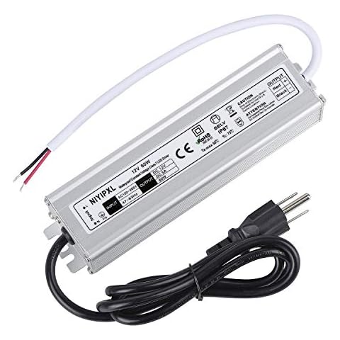 LED Driver 60 Watts Waterproof IP67 Power Supply Transformer Adapter 100V-265V AC to 12V DC Low Voltage Output with 3-Prong Plug 3.3 Feet Cable for LED Light, Computer Project, Outdoor Light Cover