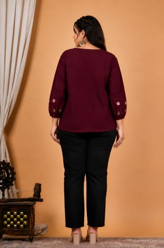 Image of Akiko Women's Plus Size Cotton Slub Fabric Top V-Neckline Embroidered Sleeves