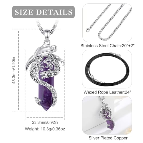 EUDORA Vintage Dragon Necklace with Healing Crystal for Women Men, Silver Plated Copper Viking Dragon Pendant Amulet Energy Gothic Jewelry, Gift for Women Men Dad Mother Mom, Chain 20" +24"4