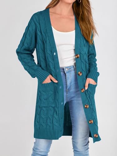 Image of PRETTYGARDEN Long Sleeve Cable Knit Long Cardigan for Women 2026 Spring Winter Chunky Open Front Button Sweaters with Pockets